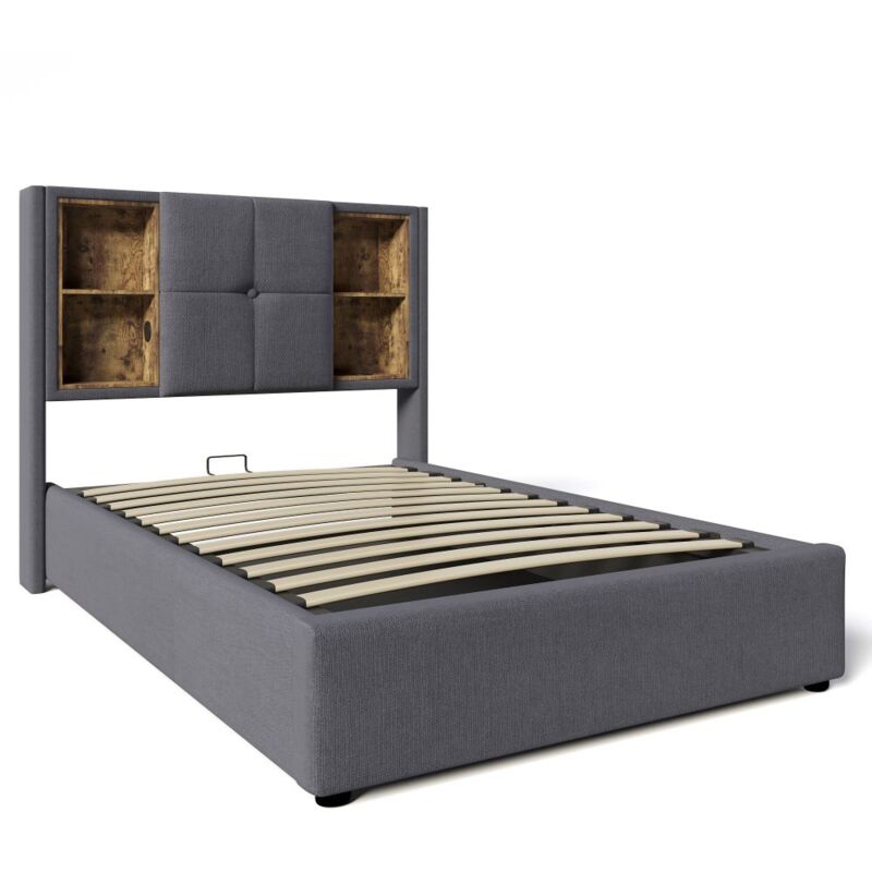 Gutent - Lit capitonné avec espace de rangement en gris, avec chargeur usb c sans fil, cadre de lit en bois, tissu en lin naturel (sans matelas)