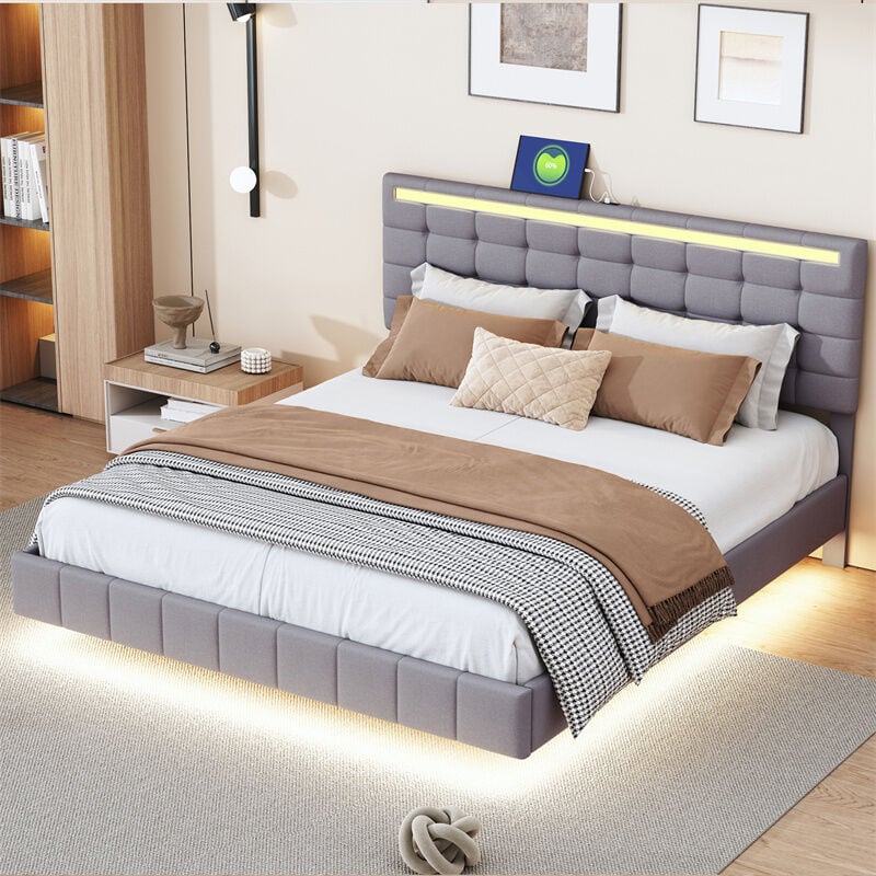Fortuna Lai - Lit double 160x200cm avec lampes led pour adulte - cadre de lit flottant avec sommier à lattes et tête de lit avec 2 porte usb - gris