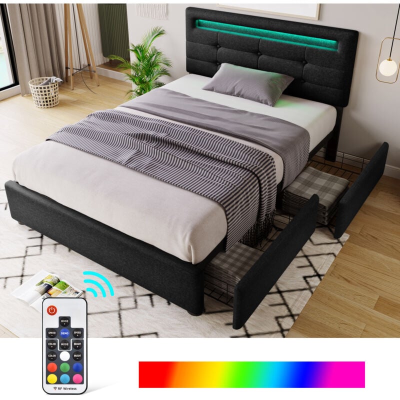 Lit adulte rembourré 90 x 200 cm, avec 2 tiroirs, led, tête de lit réglable, Sans Matelas, Noir