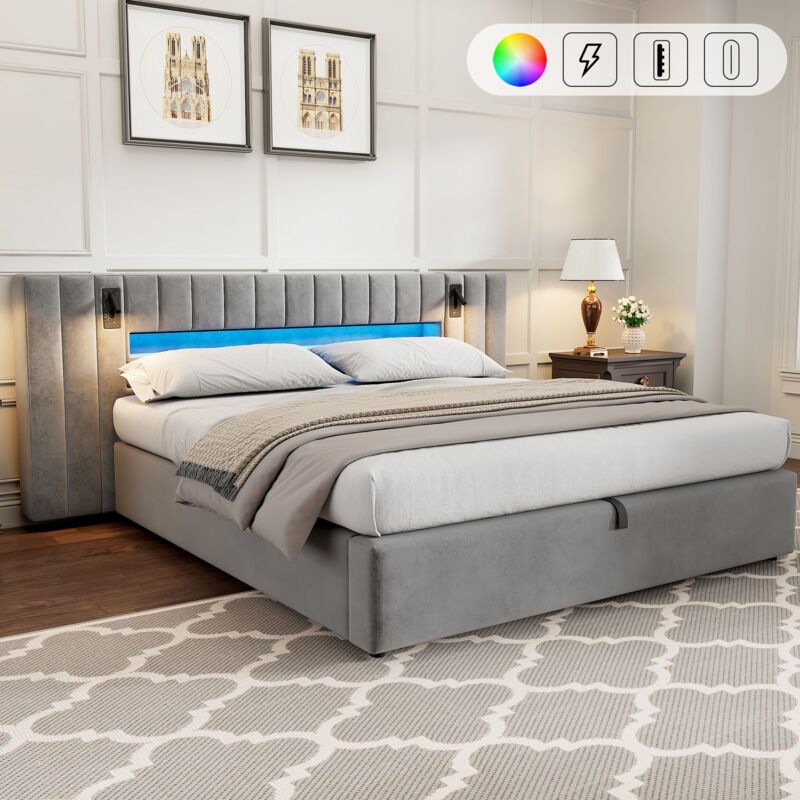 Gutent - Lit capitonné avec port usb, lampe de chevet, rangement intégré, sans matelas, velours - 160 x 200 cm