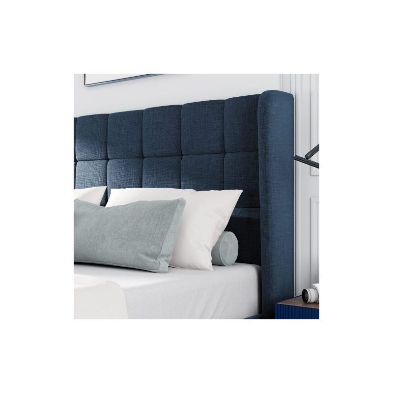 Minkurow - aiducho Lit capitonné Avec sa tête de lit capitonnée lit double avec sommier à lattes, 140x200cm, en lin bleu mi-ferme (sans matelas)