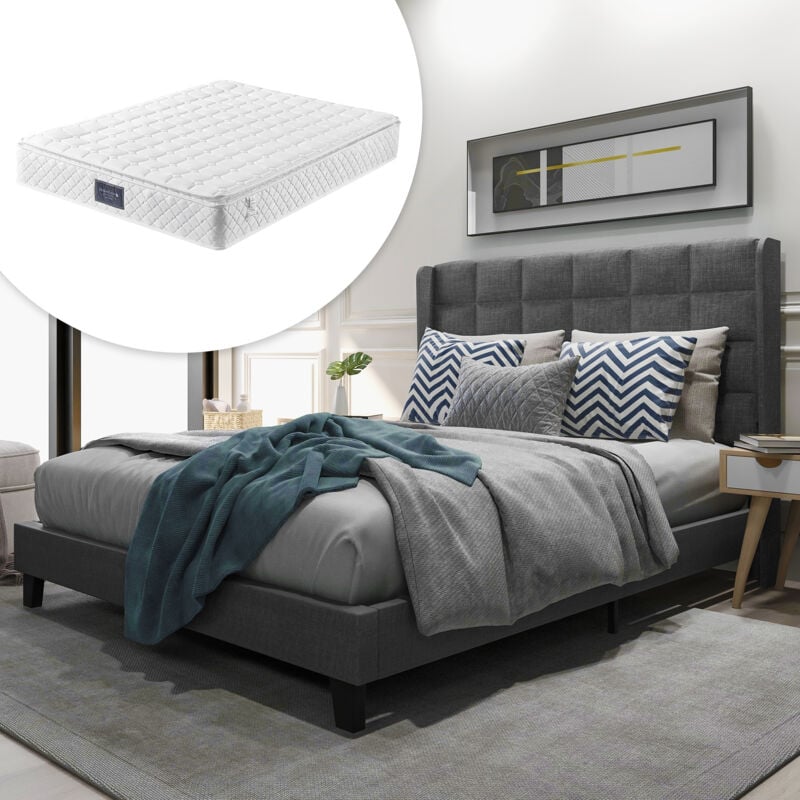 Lit capitonné, avec sommier à lattes, 140x200cm, en tissu, gris (avec matelas à ressorts)