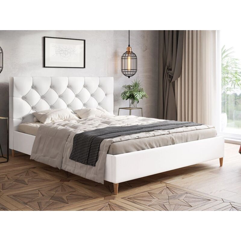 Graingold - Lit capitonné avec tête de lit 160x200 similicuir blanc Tril