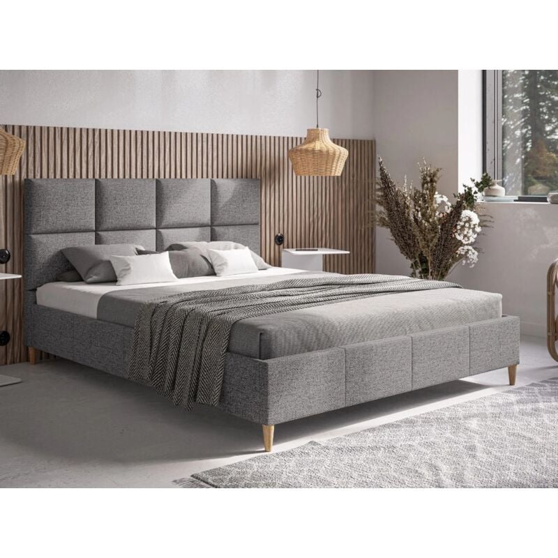 Lit capitonné avec tête de lit 160x200 tressé gris clair Luxe