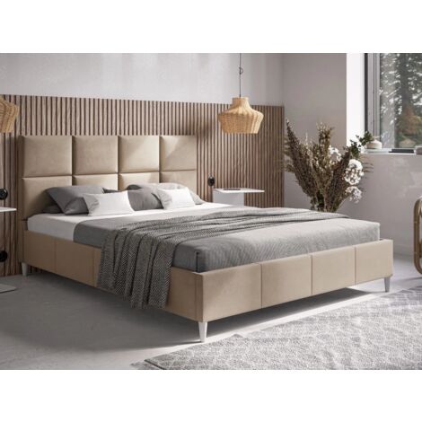 Lit capitonné avec tête de lit 160x200 velours beige Luxe