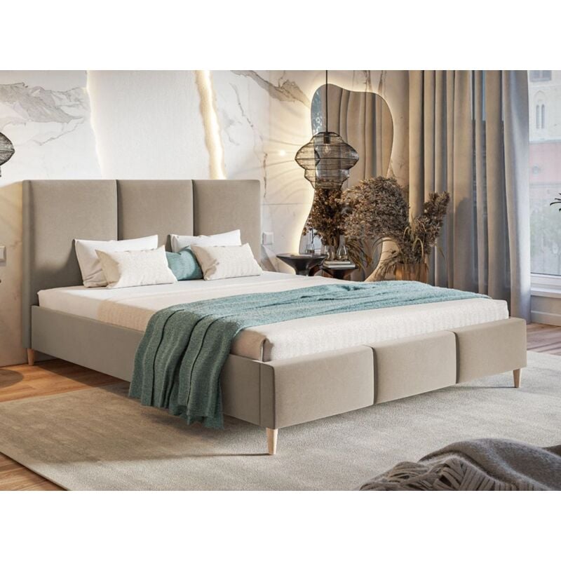 Lit capitonné avec tête de lit 160x200 velours beige Trio