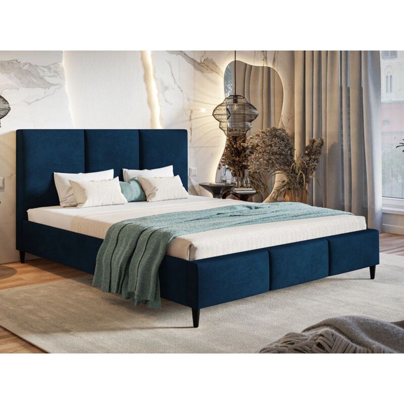 Lit capitonné avec tête de lit 160x200 velours bleu Trio