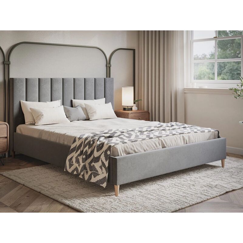 Lit capitonné avec tête de lit 160x200 velours gris Snazi