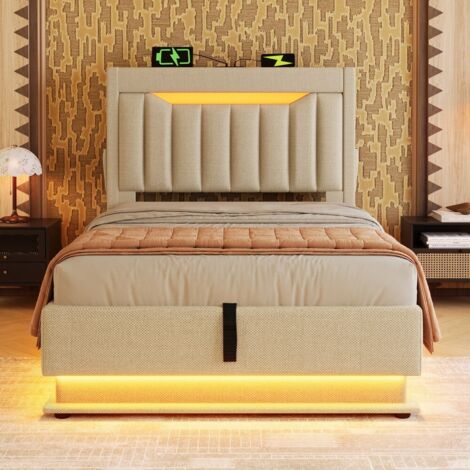 Lit capitonné avec tête de lit rangement-éclairage LED-ports USB/Type C-meuble coffre hydraulique-beige lin-matelas 218x92x112(cm)