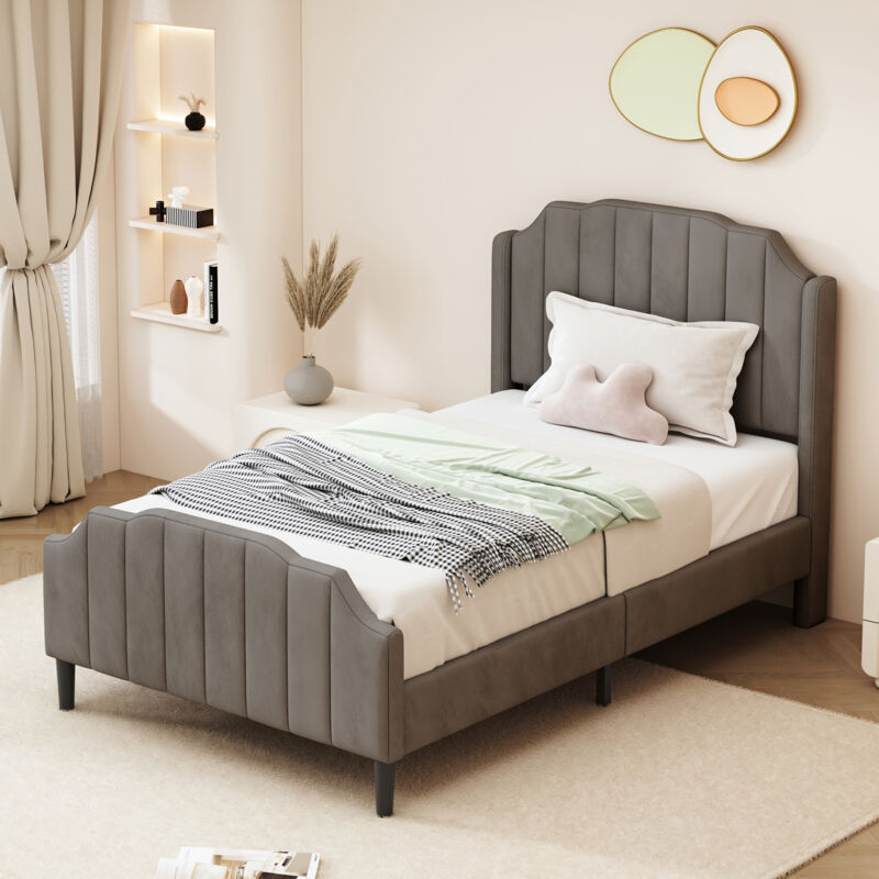 Lit capitonné 90 x 200 cm, cadre de lit pour enfant avec tête de lit, pied de lit et sommier à lattes, lit double rembourré en velours gris, lit
