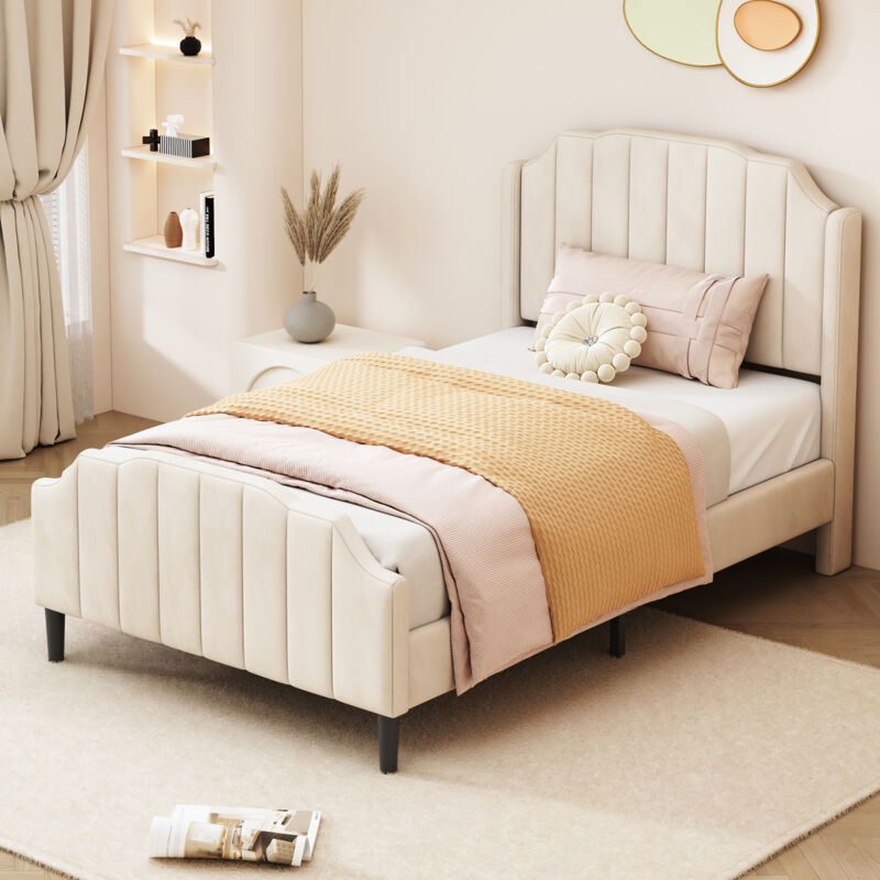 Lit capitonné 90 x 200 cm, cadre de lit pour enfant avec tête de lit, pied de lit et sommier à lattes, lit double rembourré en velours beige, lit