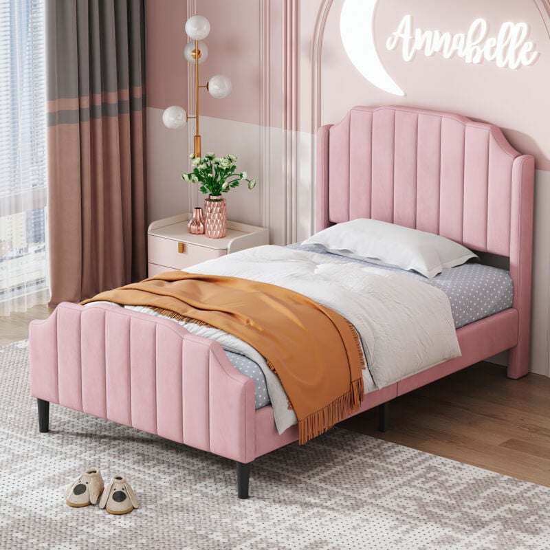 Okwish - Lit rembourré 90x200 cm lit simple d'enfant avec tête de lit, pied de lit et sommier à lattes, en velours, rose