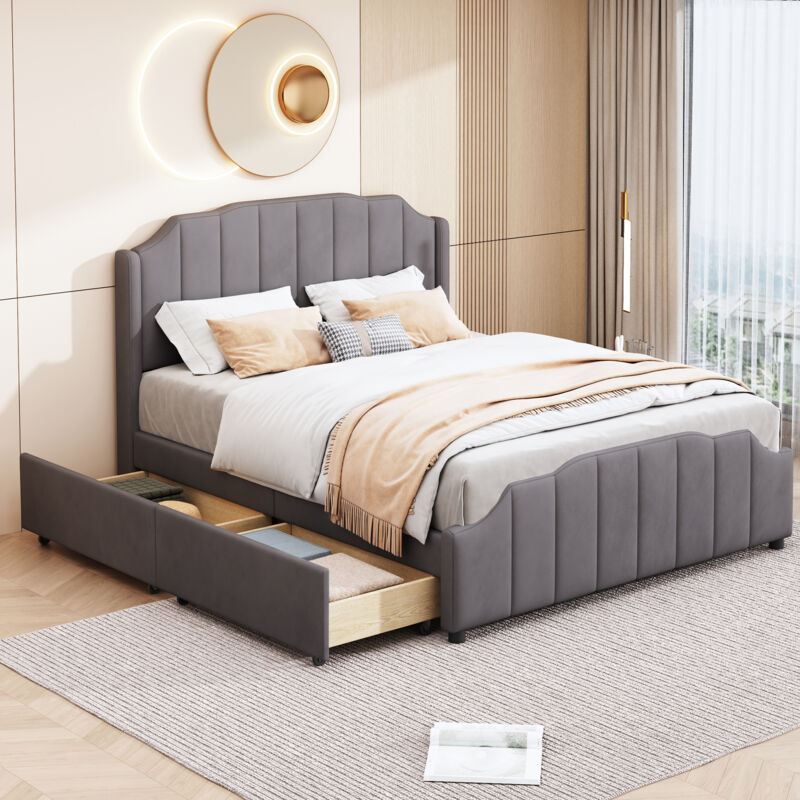 Redom - Lit rembourré, avec 2 tiroirs de rangement, tête de lit, pied de lit et sommier à lattes, 140 x 200 cm, en velours, gris