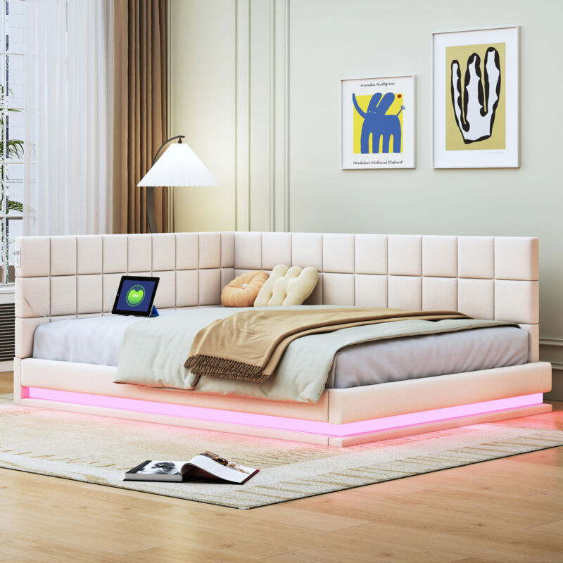 Okwish - Canapé-lit 140x200 cm lit capitonné avec éclairage led, prise usb et sommier à lattes, tissu en velours, blanc