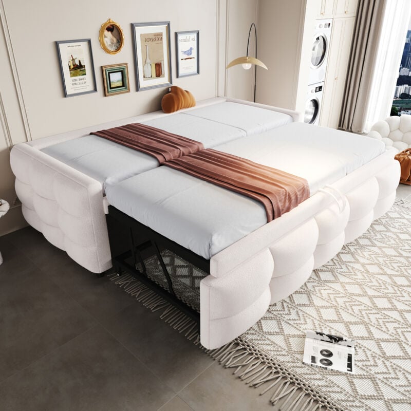 Redom - Canapé-lit gigogne, avec sommier à lattes, 90/180x190cm, en tissu velours, beige