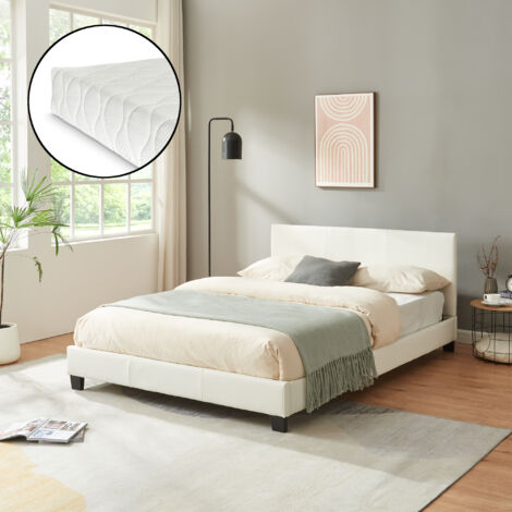 Lit capitonné de Corium avec matelas (140x200cm)(blanc)(mousse froide) - avec cuir véritable / housse en cuir synthétique / moderne / avec lattes /