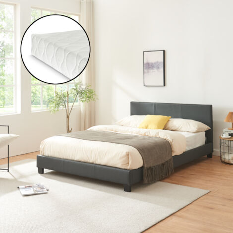 Lit capitonné de Corium avec matelas (140x200cm)(gris foncé)(mousse froide) - avec cuir synthétique / housse en cuir synthétique / avec sommier à lattes /