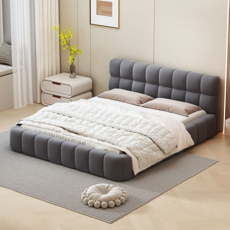 Lit capitonné double 140 x 190 cm, lit adulte, lit enfant et ado, dossier moelleux, lin, gris, sans matelas