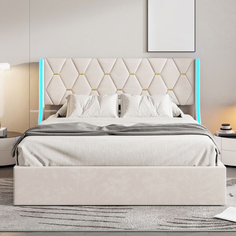 Lit capitonné double 160x200 cm,lit coffre,Lit adulte avec rangement,Sommier à lattes avec levier hydraulique,éclairage LED,scandinave,velours,Beige