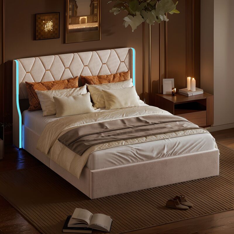 Lit capitonné double 140x190 cm,lit coffre,Lit adulte avec rangement,Sommier à lattes avec levier hydraulique,éclairage LED,scandinave,velours,Beige