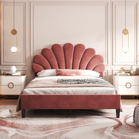 Lit capitonné double 140x200cm en velours beige, Tête de lit en forme de pétale, Sommier à lattes inclus, Lit d'adolescent adulte, Rouge
