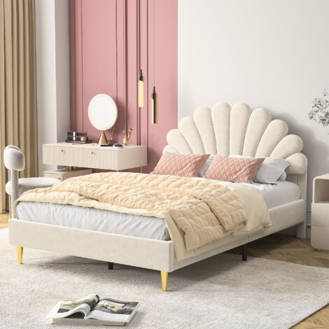 Lit capitonné double 140x200,lit ado, Lit de fille,tête de lit pétale,sommier à lattes, velours, beige