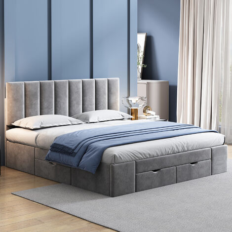Lit capitonné double 160x200cm avec 4 tiroirr en velours, Sommier à lattes inclus, Sans matelas, pour adulte ou enfant, Gris