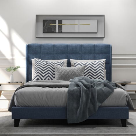 REDOM Lit capitonné double, avec sa tête de lit capitonnée, sommier à lattes, 140x200cm, en tissu, bleu (sans matelas)