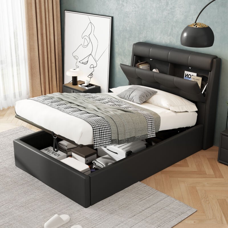 Okwish - Lit coffre 90 x 200 cm, lit hydraulique avec coffre de rangement, sommier à lattes et tête de lit, en pu, noir, sans matelas
