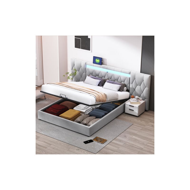 Lit coffre 180x200 cm lit capitonné avec grand dossier, prise led, usb et système de rangement hydraulique, en velours, gris, sans matelas