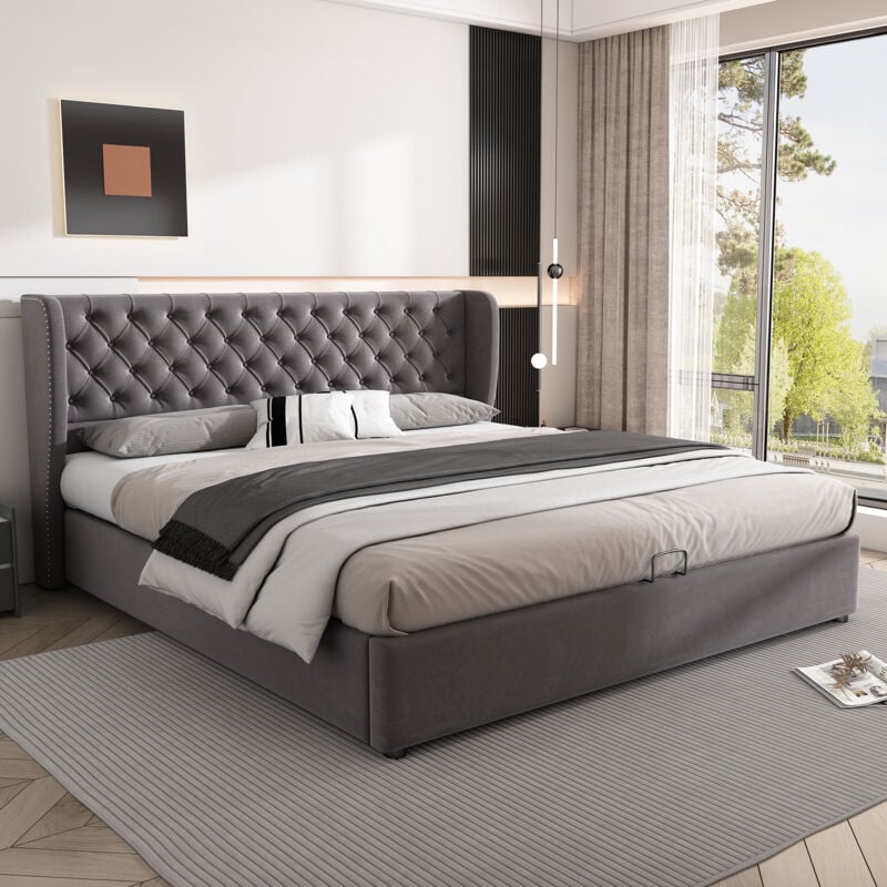 Okwish - Lit coffre 180x200cm lit double, lit adulte avec sommier à lattes et levier hydraulique, en tissu velours, gris, sans matelas
