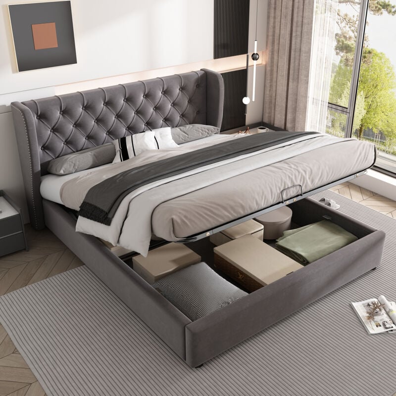 Okwish - Lit coffre 140x190 cm lit double avec levier hydraulique, sommier à lattes et espace de rangement, en velours, gris, sans matelas