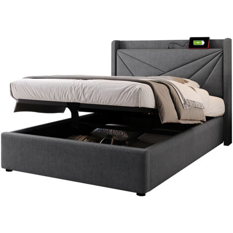 Lit capitonné en gris avec chargeur USB C Tête de lit et sommier à lattes (avec matelas) - 90x200 cm
