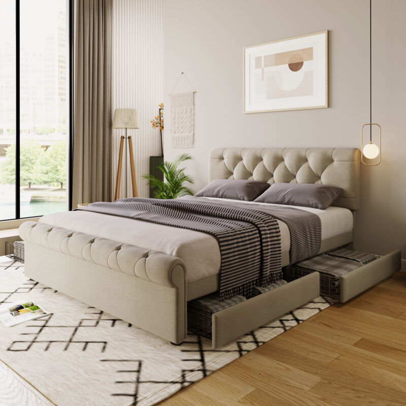 Lit capitonné en tisssu de lin - 140x200cm - avec 2 tiroirs - tête de lit réglable - Naturel clair