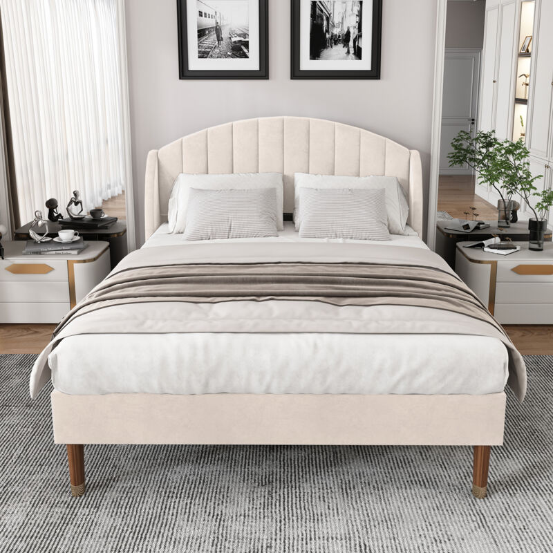 Wishdor - Lit adulte 140x190 cm, lit adolescent, lit capitonné beige avec pieds en bois, en velours, sans matelas