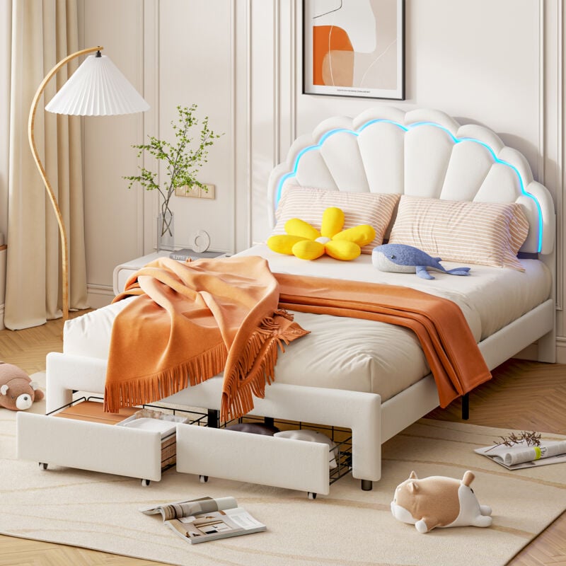 Blanketswarm - lit capitonné enfant 140x200, lit enfant 140x200, lit double avec 2 tiroir, lumière led réglable, table de chevet en forme de pétale,