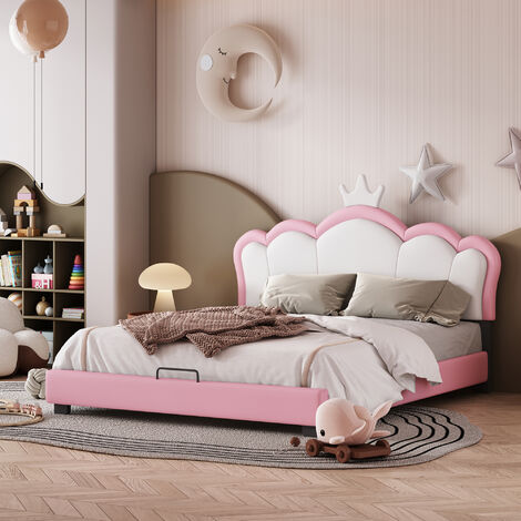 Lit capitonné enfant 140x200cm en similicuir, Tête de lit en forme de couronne, Sommier à lattes inclus, Rose, Sans matelas