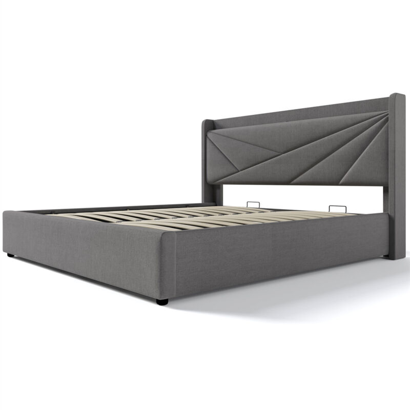 Gutent - Lit capitonné gris avec tête de lit en lin avec chargeur usb Type c et sommier à lattes (sans matelas) - 180x200 cm