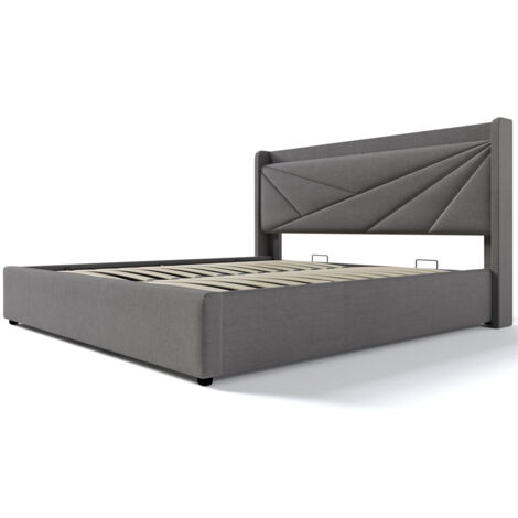 Lit capitonné gris avec tête de lit en lin avec chargeur USB Type C et sommier à lattes (sans matelas) - 180x200 cm