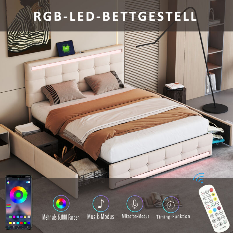 Lit adulte 140X200cm, lit double, led, 2 ports de recharge usb, tête de lit réglable hauteur, 4 tiroirs, lin, sans matelas, beige