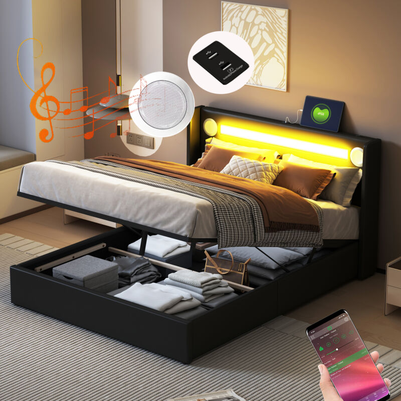 Lit capitonné lit 140x200 avec bande lumineuse led, lecteur Bluetooth et chargement usb, lit coffre en cuir pu, coffre de lit mezzanine, lit double