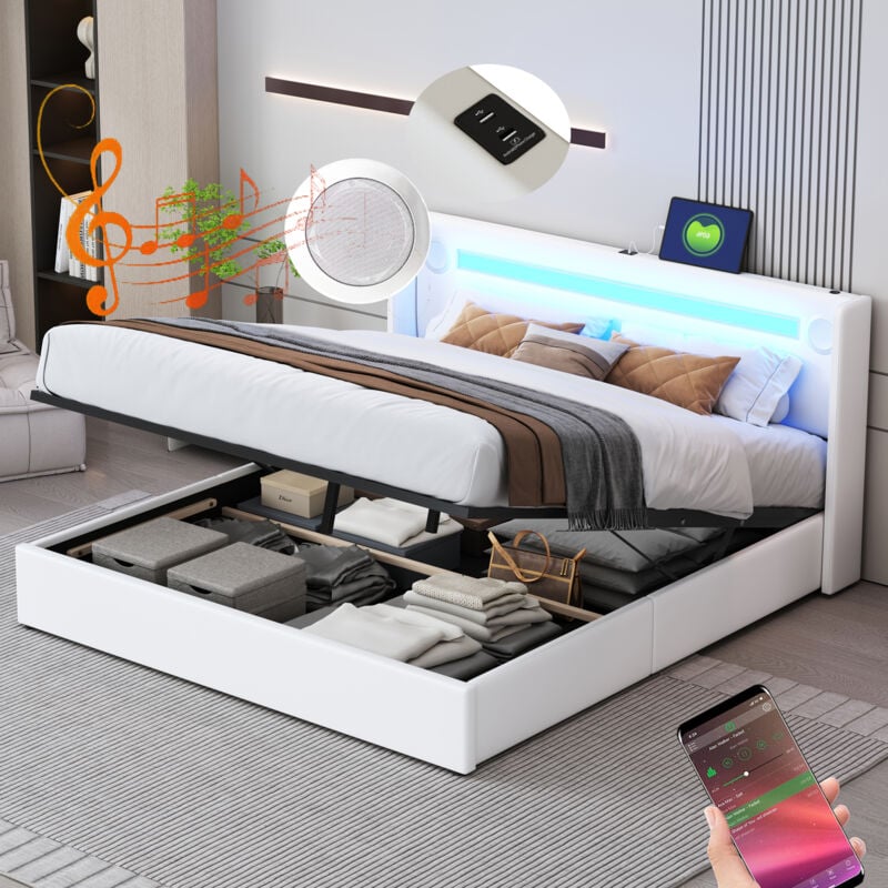 Lit coffre 160x200 cm, lit double avec bande lumineuse LED, lecteur Bluetooth et chargement USB, en cuir, sans matelas, blanc