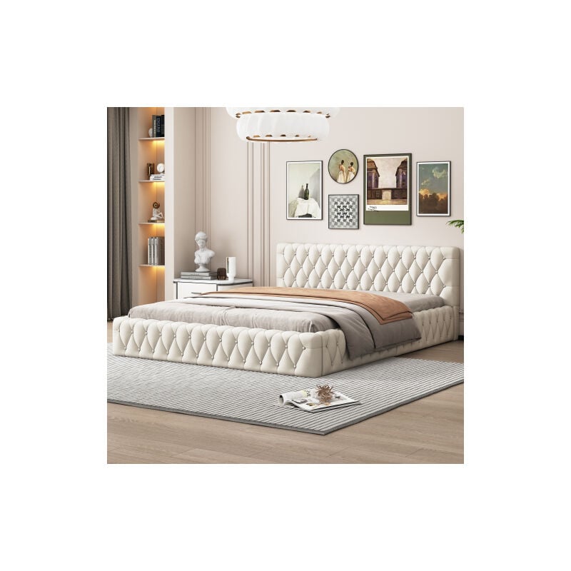 Modfu - Lit capitonné Lit adulte Lit double 140 x 200 cm, décoration boutons, velours, sans matelas, beige