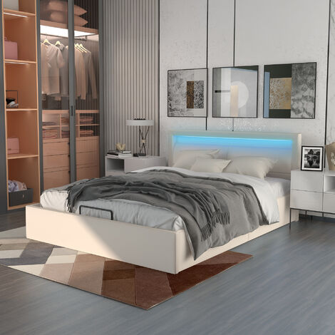 Lit capitonné, lit coffre avec LED 140 x 200 cm, avec sommier à lattes et espace de rangement, avec tête de lit éclairée en 16 couleur, noir, simili cuir & bois, Noir