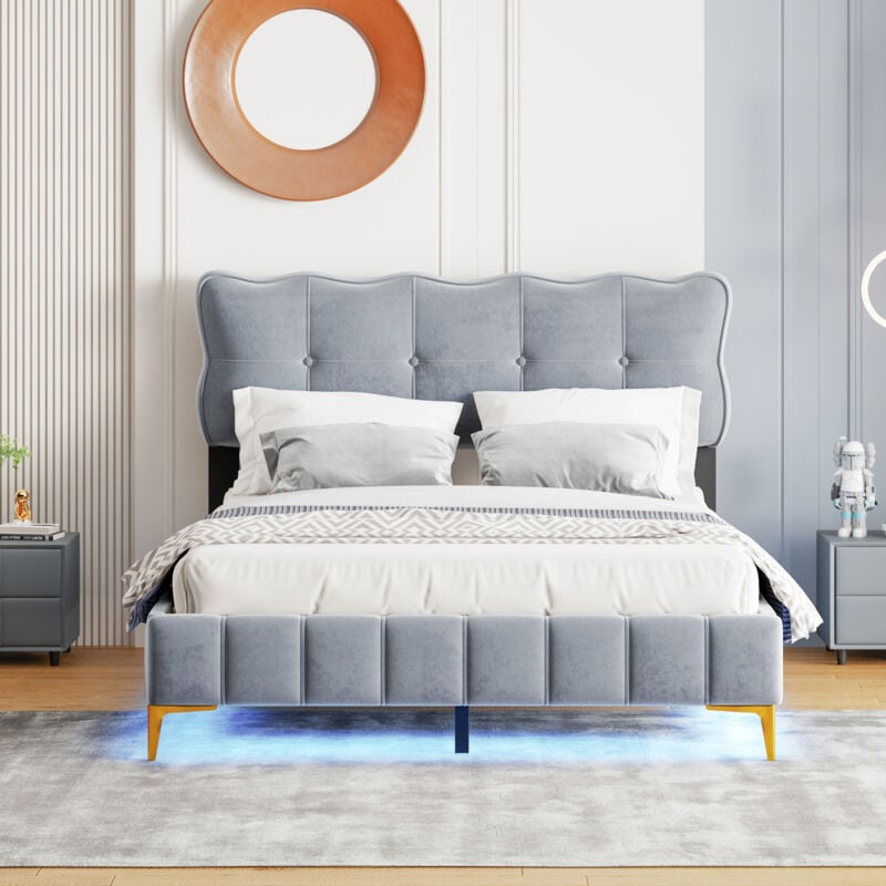 Lit double 140x200 cm lit capitonné avec lumières LED, dossier, sommier à lattes en tissu velours et pieds hauts en métal, gris, sans matelas