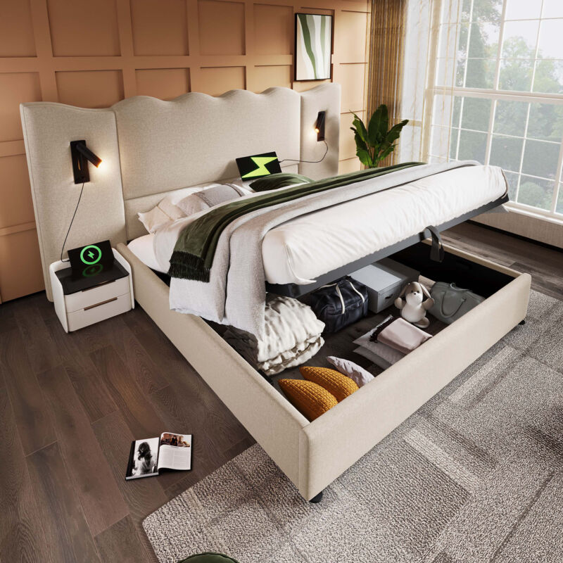 Lit coffre 160 × 200 cm lit rembourré, lit double avec led, chargement usb-c et sommier à lattes, lin beige (sans matelas)