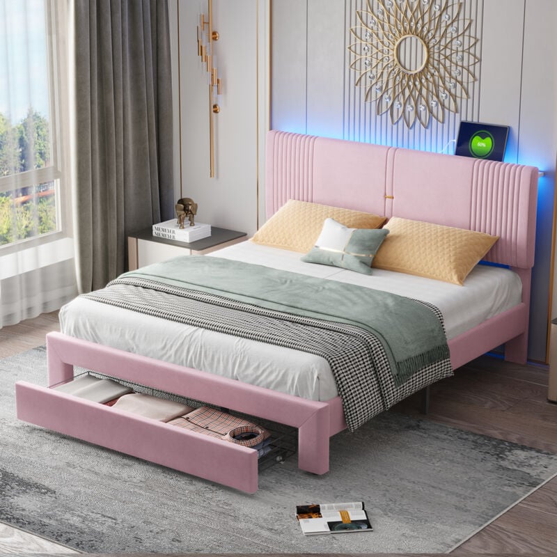Lit adulte 160x200 cm, lit double rembourré avec tiroir, éclairage led et chargemnet usb, en tissu velours rose, sans matelas
