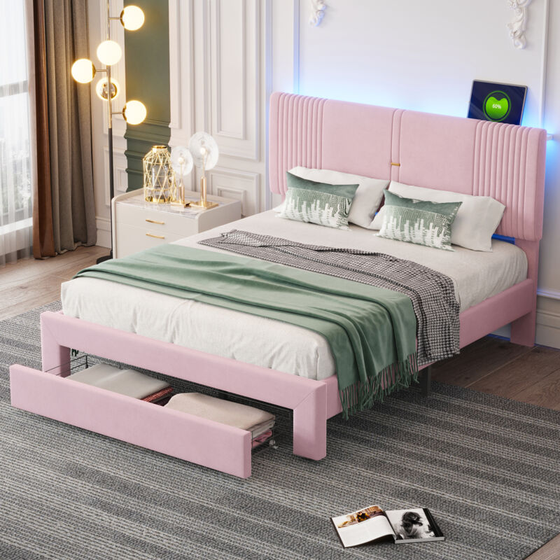 Lit adulte 140x200 cm, lit double rembourré avec tiroir, éclairage led et chargemnet usb, en tissu velours rose, sans matelas