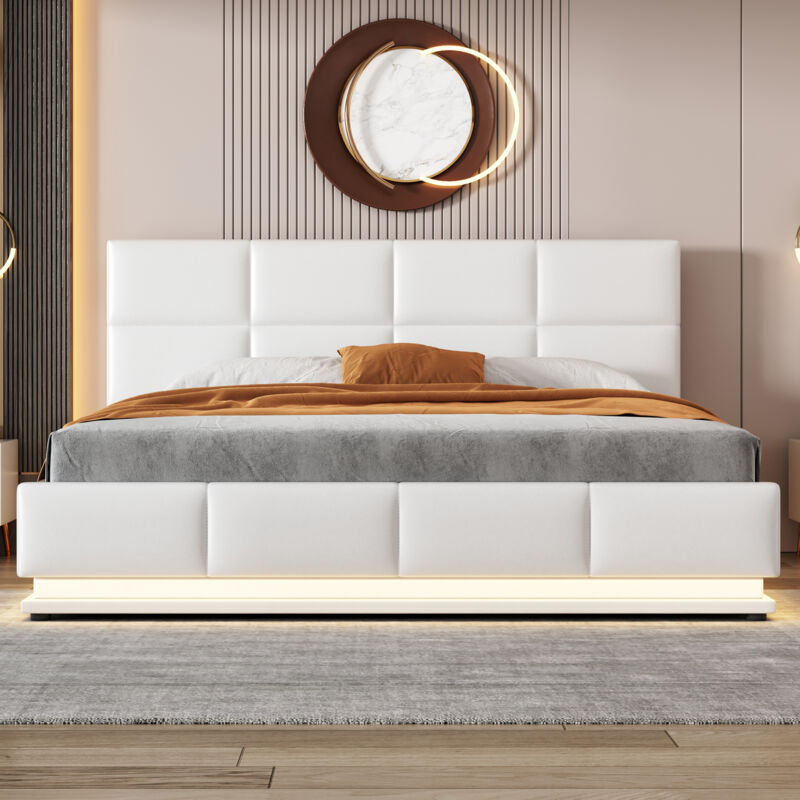 Wishdor - Lit adulte Lit capitonné lit double 160 x 200 cm avec led, sommier à lattes en métal, blanc, sans matelas