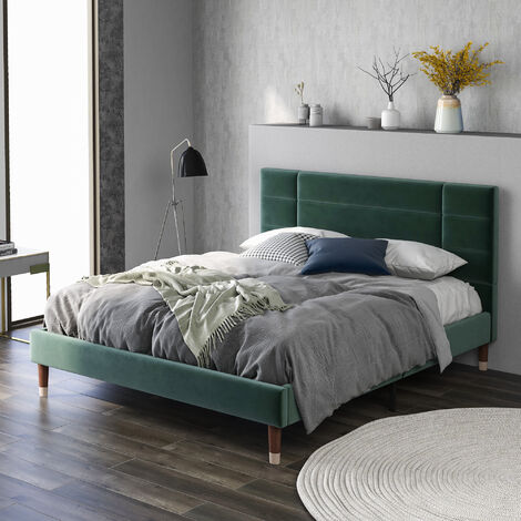 Lit capitonné, lit double avec sommier à lattes, cadre de lit capitonné 140x200cm avec tête de lit, en velours vert foncé, pour adultes et adolescents, (matelas non inclus)